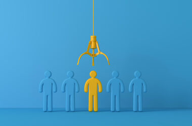 Employee recruitment concept with claw picking a new team member. 3D Rendering.