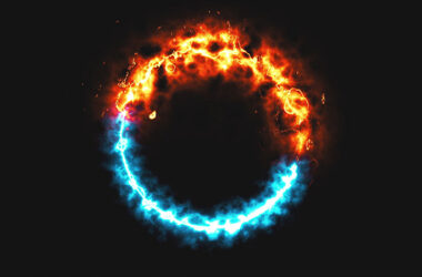 Bright dymanic fire and ice ring in space, this is opposite symbol, 3d rendering, computer generated background
