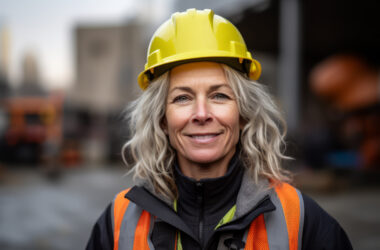 Portrait of a smiling mature woman in a hardhat on construction site