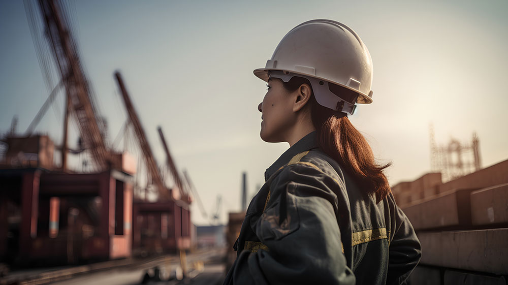 A confident woman standing in a construction setting, wearing a white hardhat, symbolizing competence and professionalism in the construction industry.