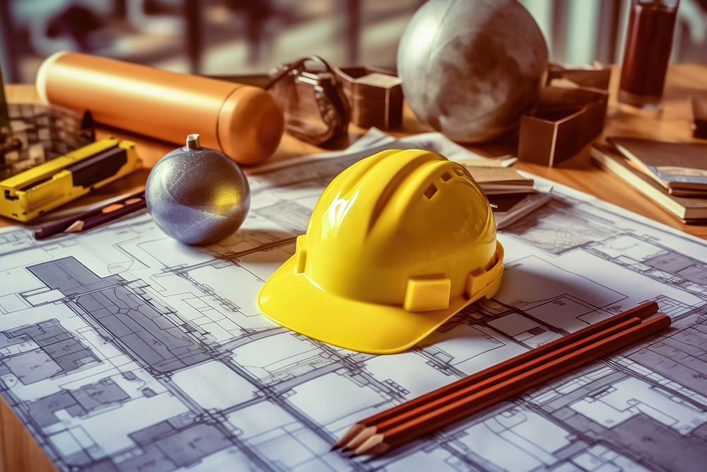 Witness the harmonious coexistence of a yellow construction helmet, pencils, and drawings as they rest on a table. This image reflects the artistic aspect of the construction industry, highlighting the importance of creativity in the field.
