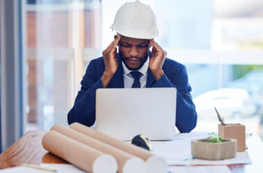 Man sitting at desk wearing white hard hat, holding temples looking at laptop.