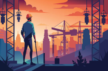 Illustration of construction worker looking over construction site