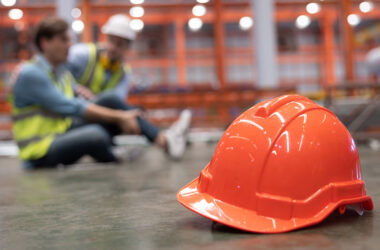 Close Up on Red Hard Hat with Blurred Injured Factory Workers as a Background
