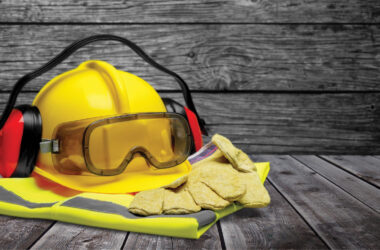 Construction protective wear on wooden desk