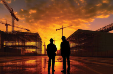 Silhouettes of men in hardhats on construction site with setting sun in background