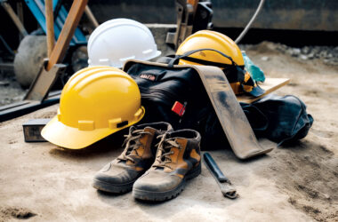 A pair of work boots, a hard hat, and a helmet on the ground of a construction site