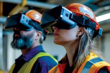 Two individuals wearing helmets and VR headsets engage in training at a construction site