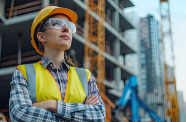 Portrait of a female civil engineer on the background of a construction site