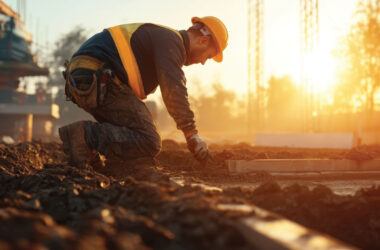 A worker in safety gear is kneeling on dirt, focused on laying a foundation as the sun sets in the background.