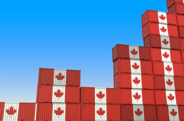 Industrial containers with flags of Canada making a rising graph. Economic growth related 3D rendering