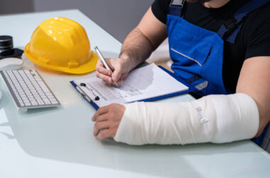 Construction worker with a bandaged arm filling out paperwork
