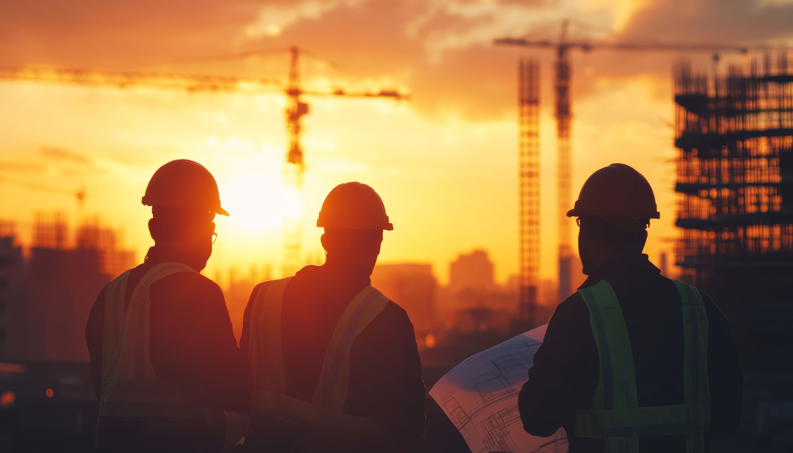 Silhouetted business engineers examining blueprints at construction sites during sunset