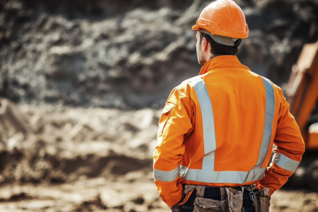 A construction worker in an orange safety jacket watches the ongoing work at a construction site during the day