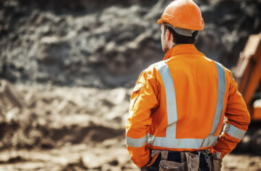 A construction worker in an orange safety jacket watches the ongoing work at a construction site during the day