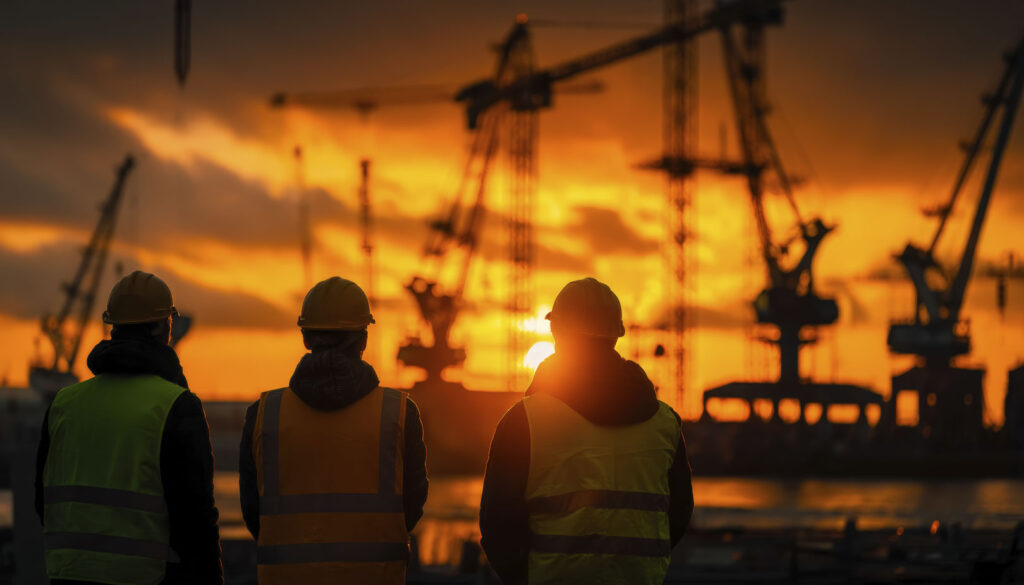 Team of laborers dressed in safety gear silhouetted against the glowing horizon