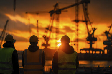 Team of laborers dressed in safety gear silhouetted against the glowing horizon