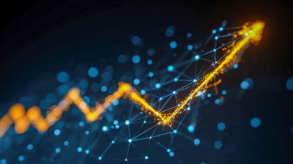 A luminous, upward-moving arrow crafted from interconnected bright dots, representing rapid data expansion and thriving financial trends against a sleek dark backdrop.