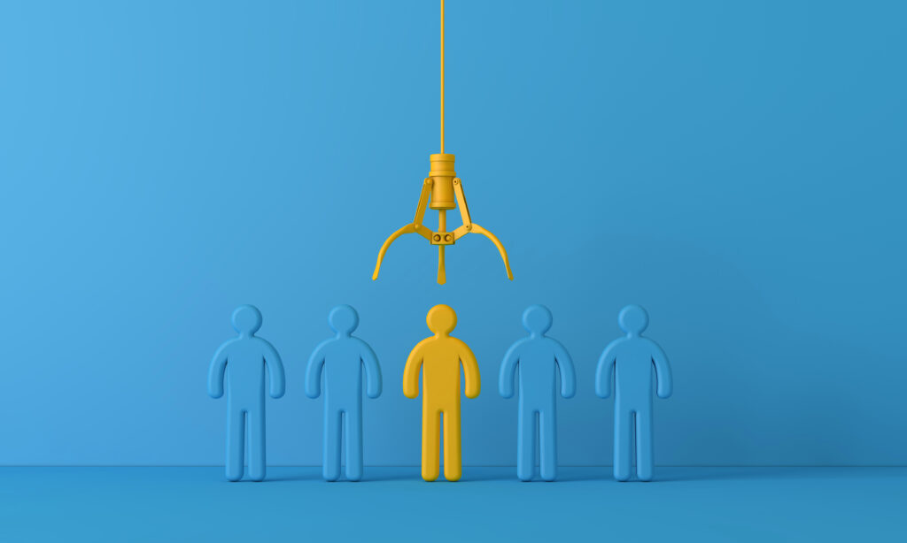 Employee recruitment concept with claw picking a new team member. 3D Rendering.