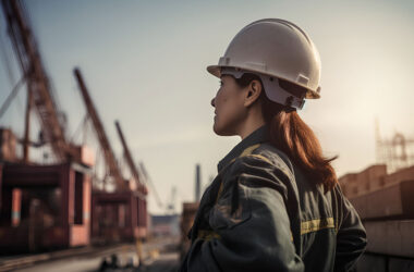 A confident woman standing in a construction setting, wearing a white hardhat, symbolizing competence and professionalism in the construction industry.