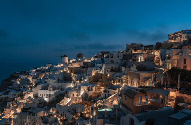 Sunrise landscapes of the village Oia in Santorini Island in Greece