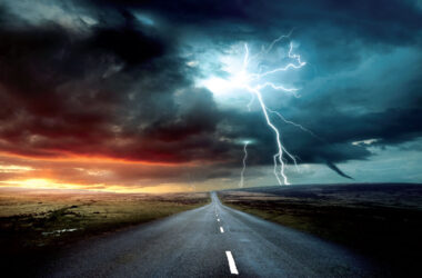 Huge thunderstorm in a highway