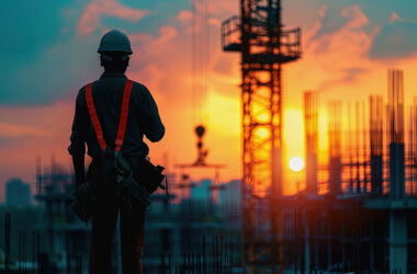 Silhouette of engineer inspecting construction building in the evening at sunset. AI Generated