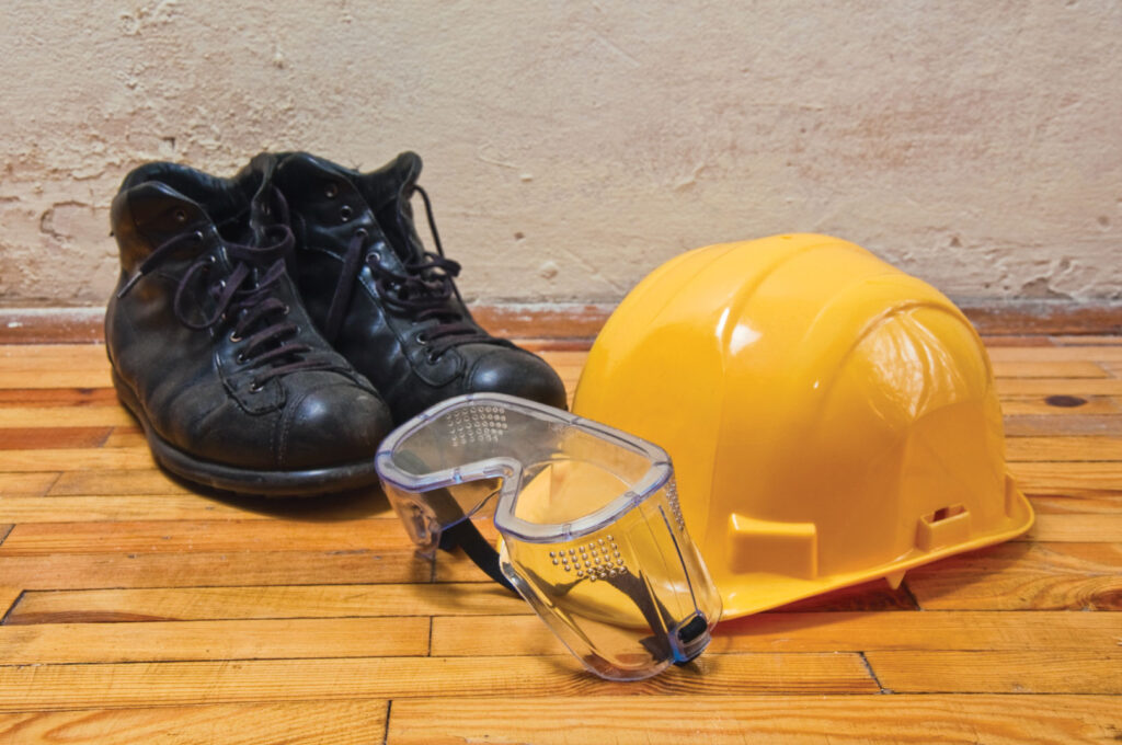 Hard hat, boots and safety glasses