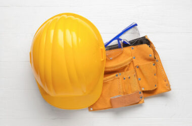 Hard hat, apron and safety glasses