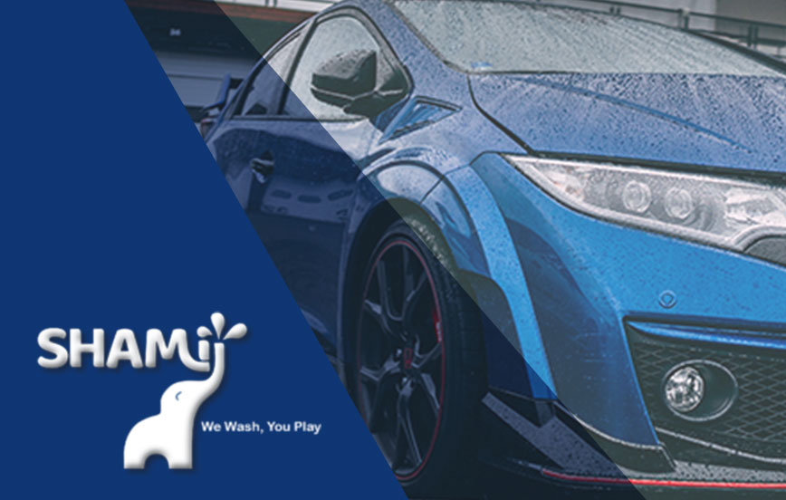 Blue car and Shamii logo