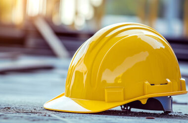 A solitary yellow safety helmet rests on the gritty floor of a construction site, highlighting workplace safety and preparation.