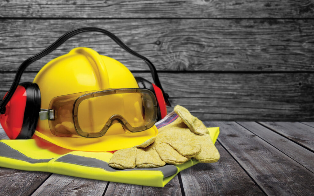 Construction protective wear on wooden desk