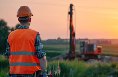 Farmer looking at equipment with sun setting in background
