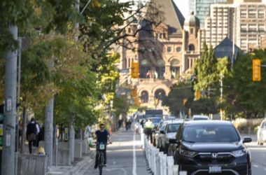 A bike lane looking northbound on University Ave. to Queens Park in Toronto