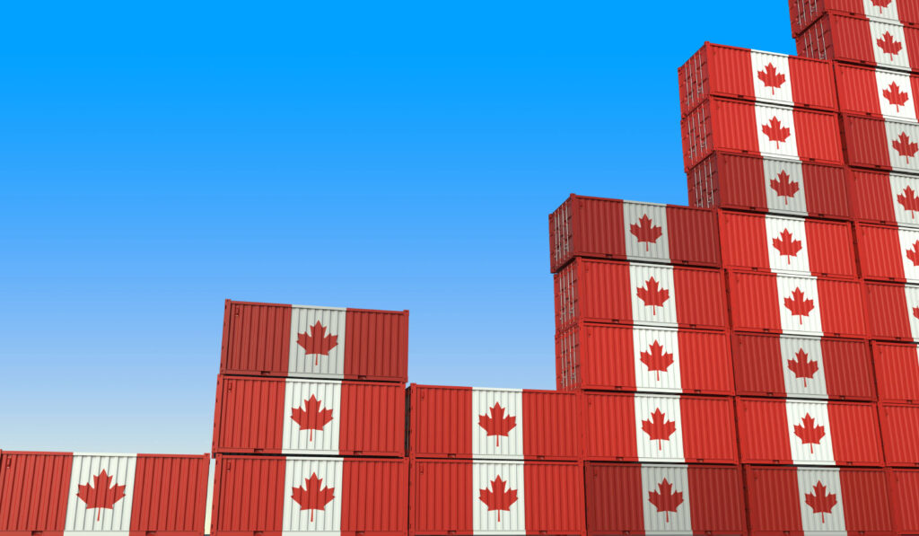 Industrial containers with flags of Canada making a rising graph.