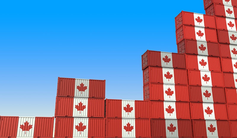 Industrial containers with flags of Canada making a rising graph. Economic growth related 3D rendering