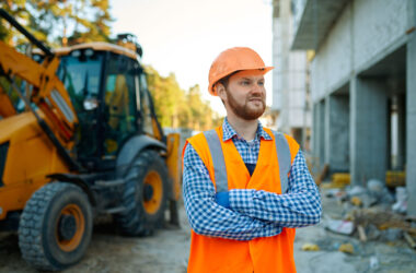 Portrait of builder standing at construction site