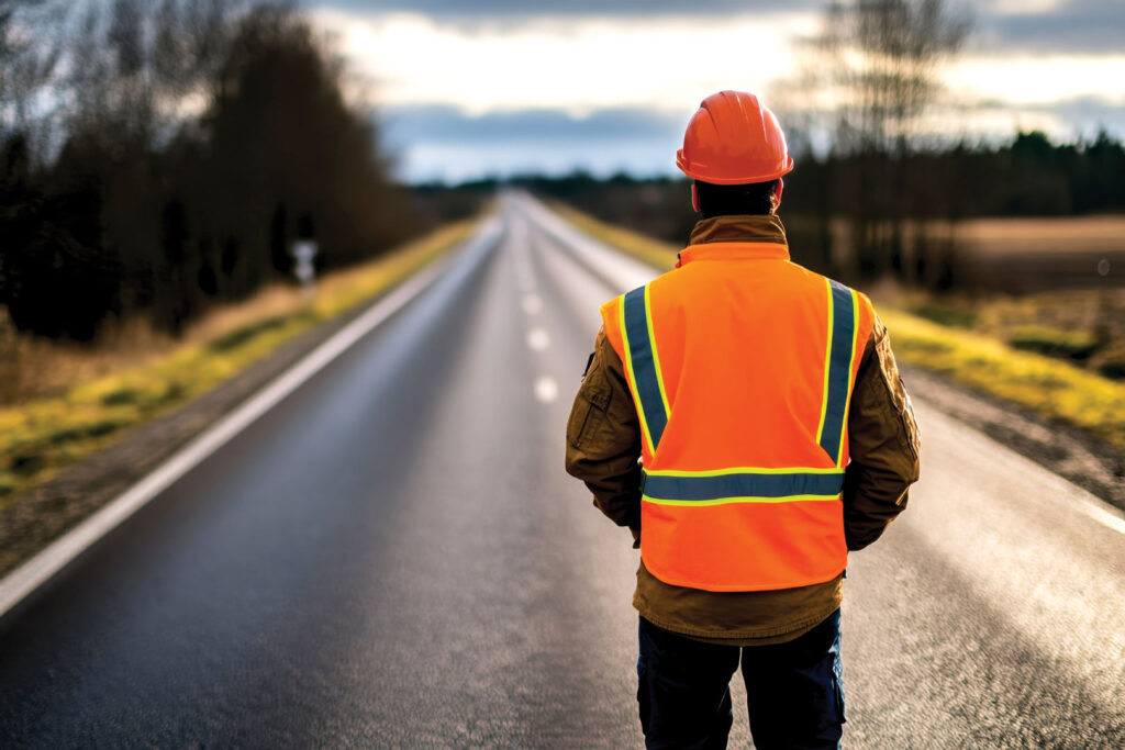 A construction worker observes the long, empty road ahead while dressed in safety gear on a cloudy afternoon.
