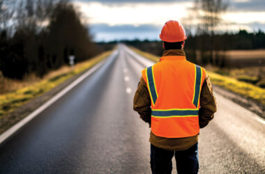 A construction worker observes the long, empty road ahead while dressed in safety gear on a cloudy afternoon.
