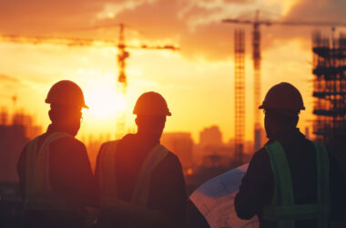Silhouetted business engineers examining blueprints at construction sites during sunset