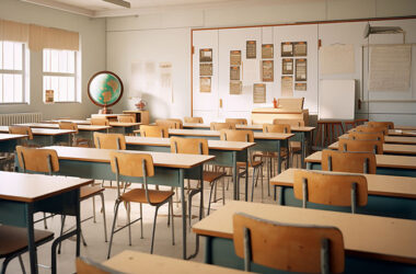 Classroom interior with empty desks and chairs. 3d rendering.