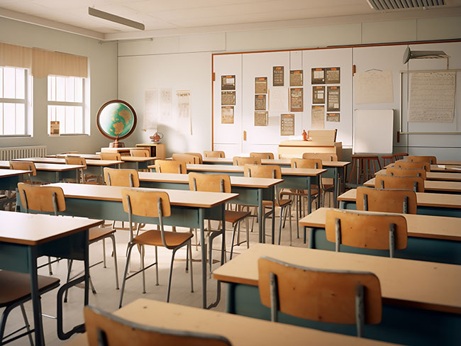 Classroom interior with empty desks and chairs. 3d rendering.