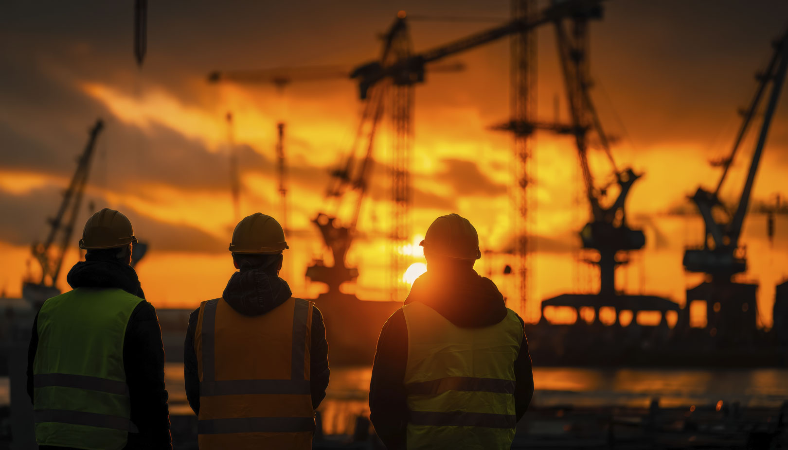 Team of laborers dressed in safety gear silhouetted against the glowing horizon