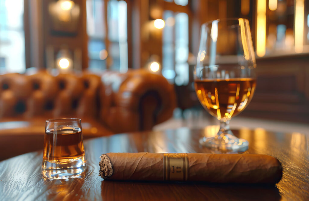 Luxurious Atmosphere with Premium Cigar and Whisky Pairing in Sophisticated Lounge Setting.