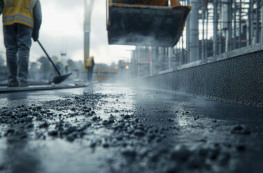 Worker smooths fresh cement at construction site as crane delivers concrete with rising steam
