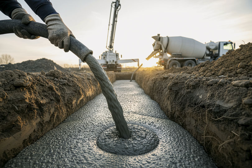 A construction worker uses a hose to pour fresh concrete into a trench, creating a new foundation