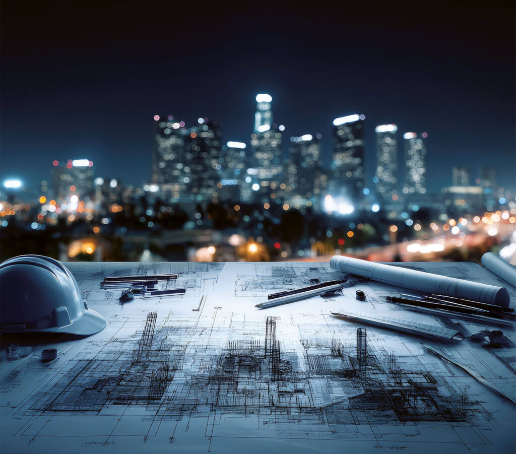 An architectural blueprint, drawing tools, and a construction helmet are placed on a surface overlooking a brightly lit city skyline at night