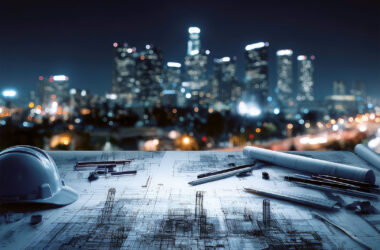 An architectural blueprint, drawing tools, and a construction helmet are placed on a surface overlooking a brightly lit city skyline at night
