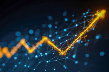 A luminous, upward-moving arrow crafted from interconnected bright dots, representing rapid data expansion and thriving financial trends against a sleek dark backdrop.