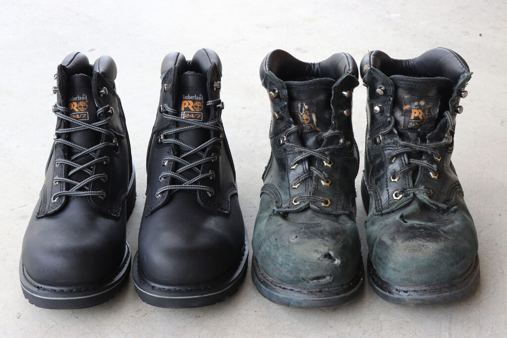 Isolated pairs of new as well as used Timberland Pro Pit Boss work boots